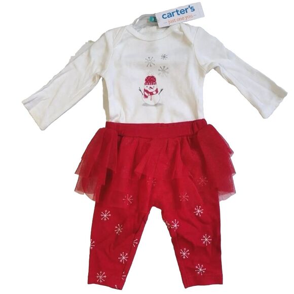 Carter's Red & White Baby Girls Christmas Holiday Snowman Snowflake Tutu Set NEW - Picture 1 of 15